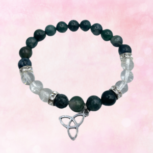 Discover the Tri-Gem Bracelet: a harmonious blend of Moss Agate, Clear Quartz, and Triquetra for enhanced energy and spiritual connection.