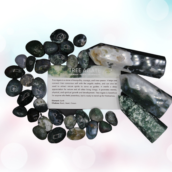 Discover Tree Agate Tumbles: a grounding crystal fostering growth, balance, and spiritual connection. Embrace nature's tranquility.