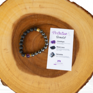 Stay shielded from negativity with our Protection Bracelet featuring Amethyst, Black Lava, and Hematite. Experience inner strength and grounding.